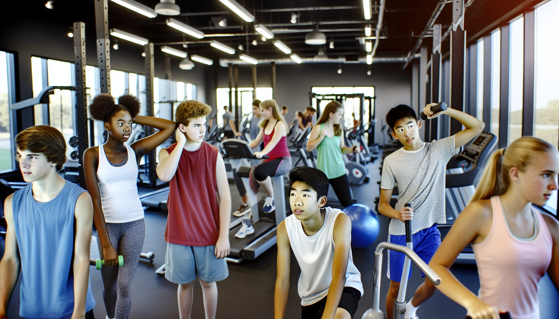 Diverse group of teenagers exercising together in a gym