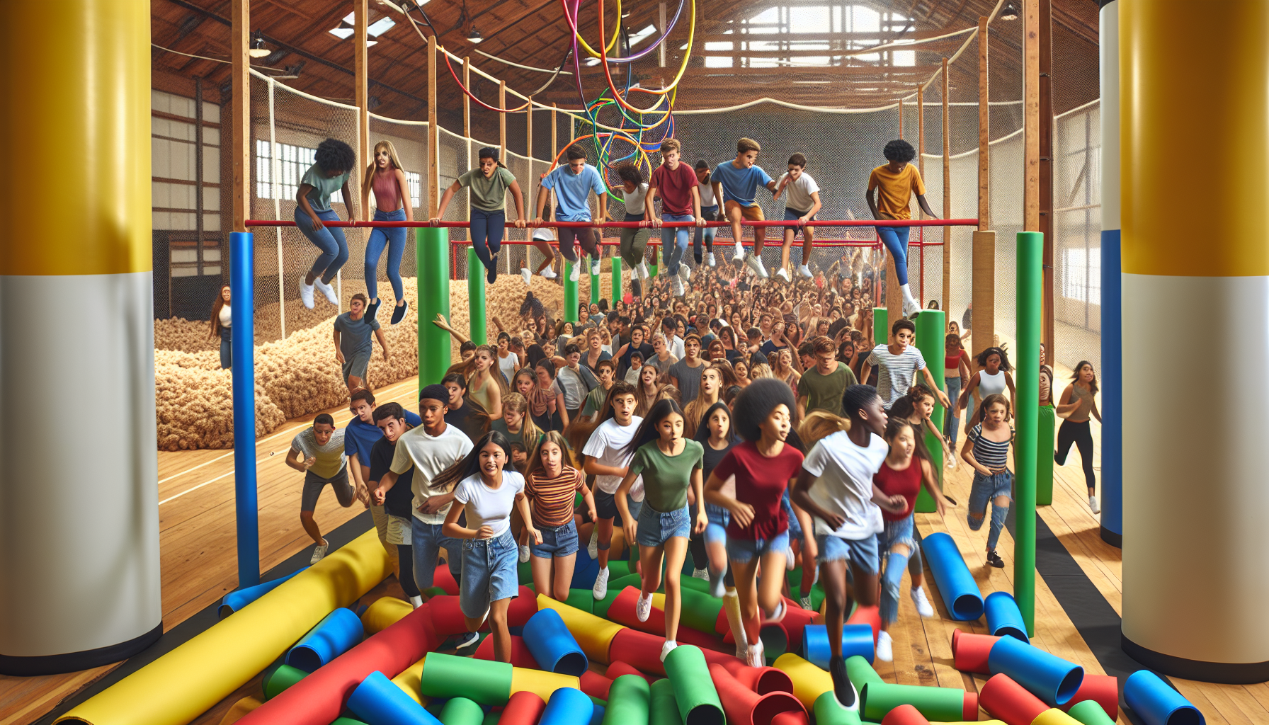 Students navigating through an indoor obstacle course with hula hoops and tunnels