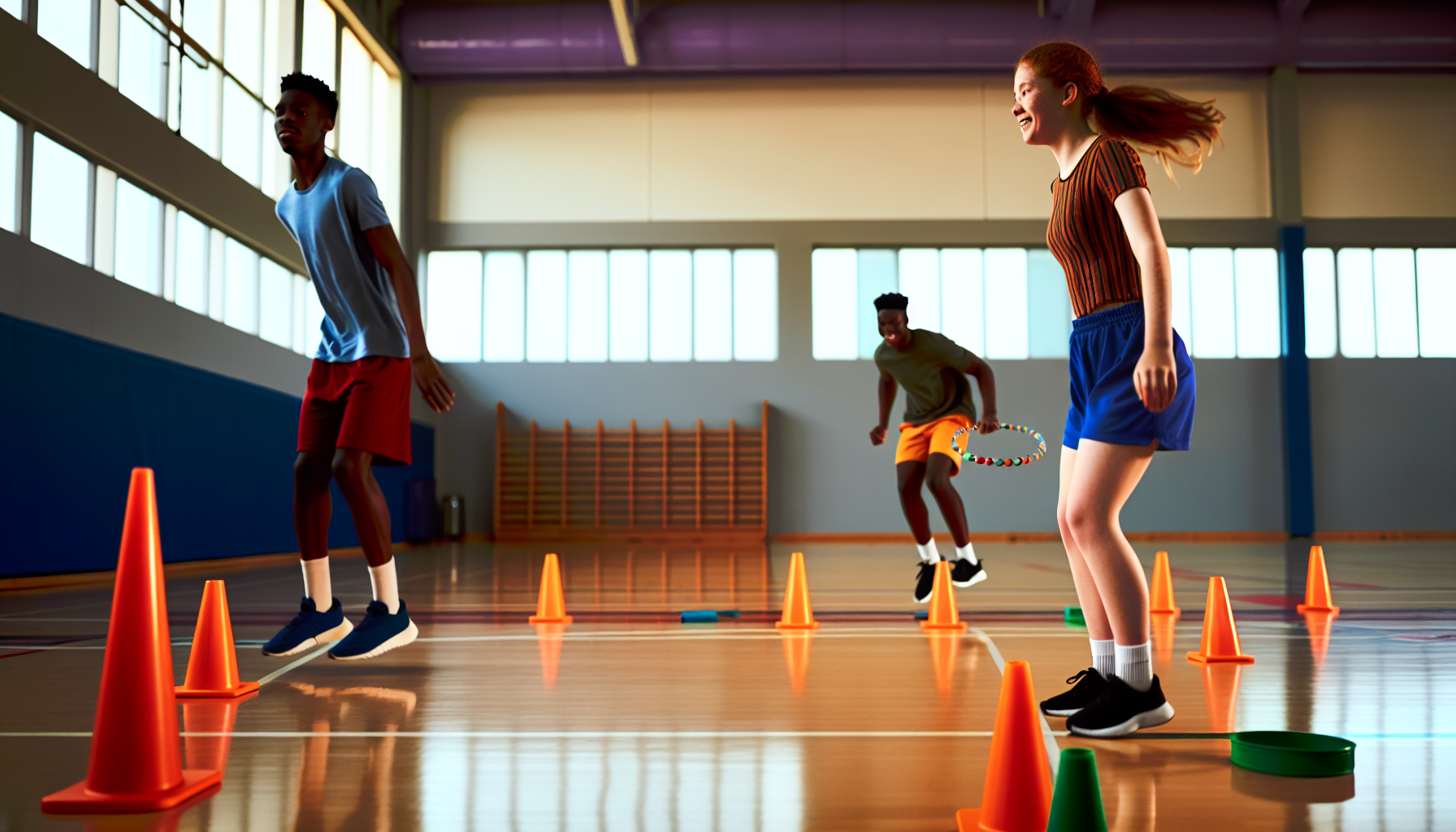 Students participating in circuit training stations with cones, hula hoops, and jump ropes